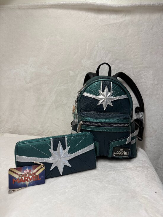 Loungefly Handbags - Rare Loungefly Captain Marvel Green Backpack & Wallet Set+ 2 Handmade Bag Charms